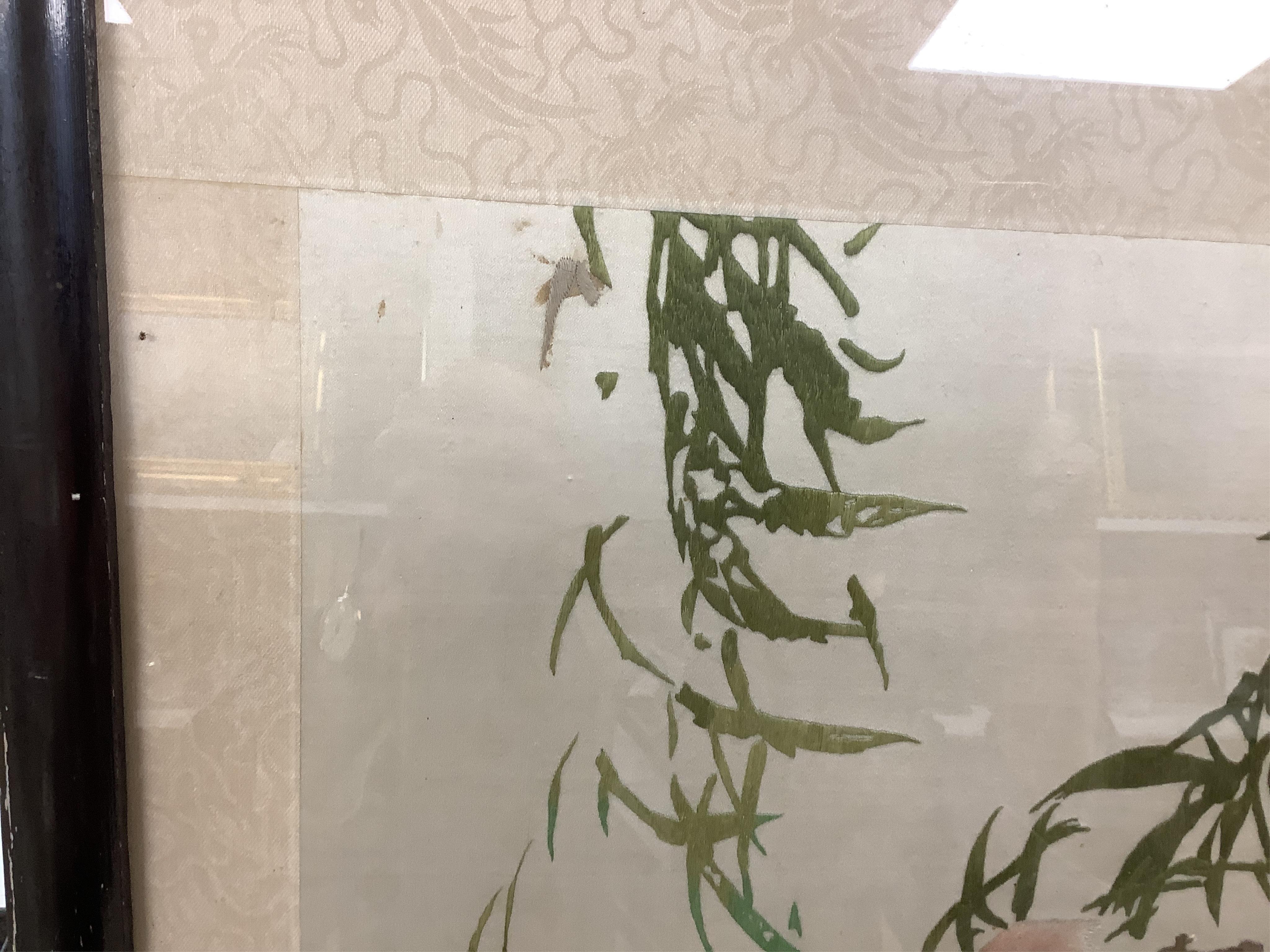 Seven Chinese embroideries on silk, mountainous landscapes and birds, largest 121cm high